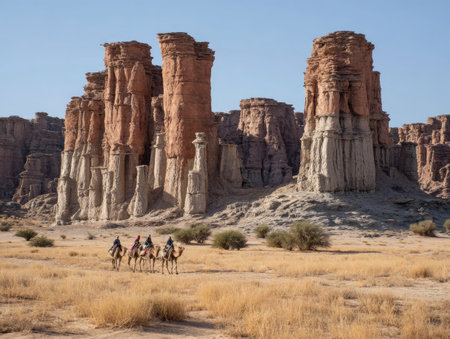 An expansive outdoor scene showcases towering sandstone structures. Silhouettes of people on camels traverse the foreground. The composition features warm tones from the land and rock, contrasted by a clear blue sky. This imagery could be utilized in travel, tourism, and historical contexts.の素材