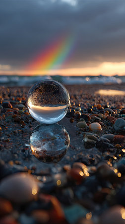 A crystal ball sits on a wet, pebble-covered beach, reflecting a vibrant rainbow. The image features natural sunlight and a soft, diffused glow. The composition utilizes a low-angle perspective, emphasizing the textures and colors of the scene. Suitable for a variety of commercial and editorial applications.の素材