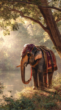 An elephant adorned with decorative elements stands near a body of water in a forest. The image features a muted color palette, showcasing the animal and its surroundings. The composition uses natural lighting and a soft focus, possibly suitable for editorial use or as a decorative illustration.の素材