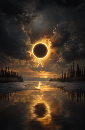 This image features a solar eclipse as the primary subject, dominating the composition. The scene is bathed in gold and dark tones, with a fiery corona around the shadowed sun. The detailed clouds reflect in the water, adding depth and visual interest. It could be used for various projects.の素材