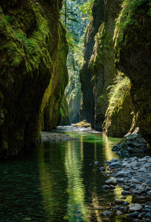 A tranquil river winds through a deep canyon, its water reflecting the surrounding rock formations. The canyon walls are covered in green moss, creating a contrast with the blue-green water. The composition showcases natural textures and lighting, possibly suitable for editorial or commercial applications.の素材