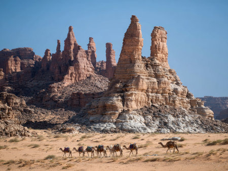 A group of camels traverse a vast desert landscape. Tall sandstone formations dominate the background under a clear blue sky. The image showcases warm earthy tones, with sunlight illuminating the scene. Suitable for illustrating travel, environment, and natural beauty concepts.の素材