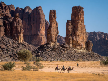 A desert scene depicts large, textured rock formations against a vibrant blue sky. Silhouettes of camels and riders move across the foreground. The composition features warm tones, with the environment suggesting an outdoor, daytime setting. This image could be used for travel, adventure, or nature-themed projects, and potentially for editorial purposes.の素材