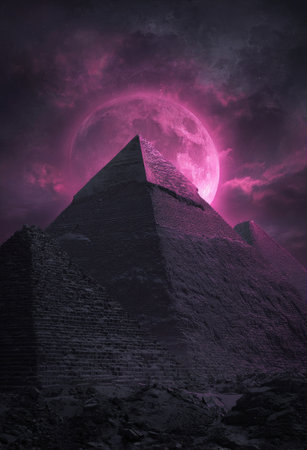 A pyramid structure dominates the foreground, silhouetted against a vibrant pink moon in a cloudy sky. The composition displays a surreal aesthetic, highlighting textured surfaces and contrasting colors. This dramatic image evokes mystery and could be utilized in various commercial and editorial contexts, such as book covers or posters.の素材