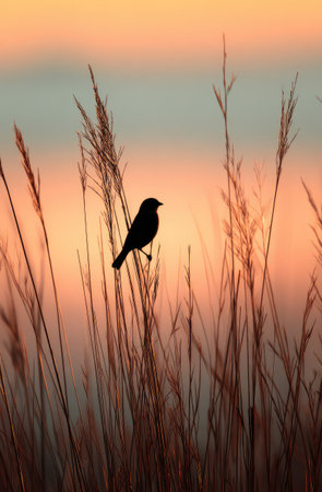 A silhouette of a bird sits amidst tall grass, illuminated by a vibrant sunset. Warm hues of orange, pink, and blue blend in the background. The image showcases a natural composition with soft textures, suggesting an outdoor environment. Suitable for various editorial and commercial projects.の素材
