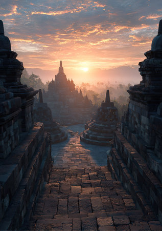 An ancient temple complex is silhouetted against a vibrant sunrise. The image showcases stone architecture, with intricate details bathed in warm light. The composition features a pathway leading toward the central structures, set within a natural environment. Suitable for editorial and commercial applications.の素材