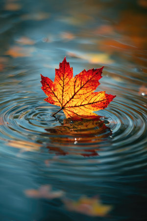 A vibrant, colorful leaf rests atop a water surface creating circular ripples. The image showcases autumn hues of orange and red against a blue background, with detailed textures and natural lighting. Suitable for environmental or seasonal themes, and adaptable for various commercial applications.の素材