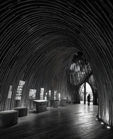 An interior architectural view presents a modern building with a distinctive arched wooden structure. The grayscale image highlights the textures and shapes of the design, with a focus on curved lines and natural materials. This style could be used for conceptual design projects or for editorial purposes in architecture publications.の素材