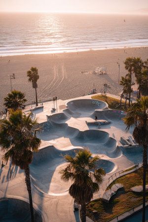 An aerial shot presents a skatepark near the ocean during sunset. The image displays a concrete skatepark with various ramps and bowls, juxtaposed against a sandy beach and ocean. The composition captures the late afternoon sunlight creating a warm color palette suitable for versatile commercial and editorial uses.の素材