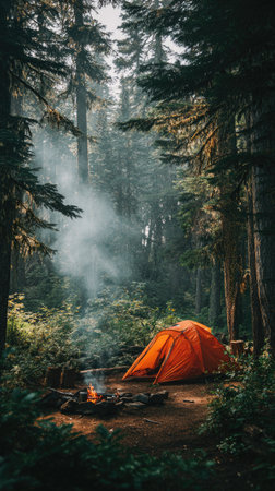 An orange camping tent sits near a campfire in a lush forest environment. The composition features tall trees and low hanging fog. The image displays a natural outdoor setting, with a focus on travel and adventure. Suitable for editorial and commercial use, related to travel and the outdoors.の素材