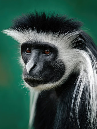 This portrait features a black and white Colobus monkey with striking brown eyes, captured in a close-up shot. The image highlights the animal's fur texture and distinctive facial markings against a soft green backdrop. The lighting is diffused, giving a natural feel, suitable for wildlife and environmental themes and editorial uses.の素材