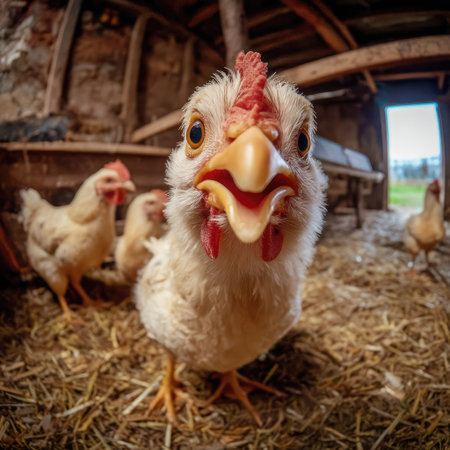 A close-up captures a chicken with its beak open, showcasing a detailed view. The image features soft textures and warm hues, likely from the indoor lighting. The composition includes other chickens in the background, suggesting a farm setting, suitable for various editorial and commercial applications.の素材