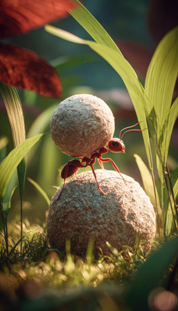 An ant is shown carrying a large stone, positioned on top of another in a macro shot. The image is full of detail, featuring green grass and leaves, with a blurred background. The scene suggests hard work and determination, potentially suitable for educational or illustrative purposes.の素材