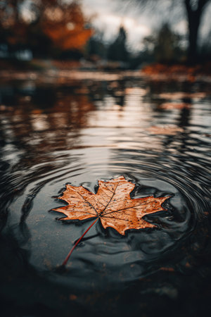 An orange maple leaf rests upon a water surface, generating circular ripples. The photograph highlights the leaf's texture and color, set against a blurred background. The composition features a natural aesthetic with a play of light and shadow, potentially suitable for various visual projects.の素材