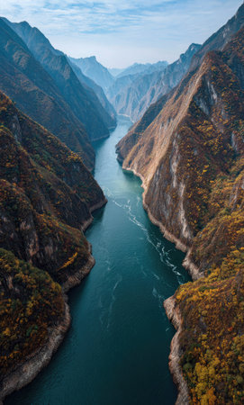 An aerial perspective showcases a river winding through a vast canyon. The scene features rugged, textured cliffs colored in earth tones. Clear water reflects the sky, enhancing the natural composition. The lighting suggests daylight. This image is suitable for various commercial uses, illustrating natural beauty and environmental themes.の素材