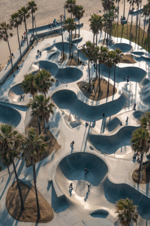An overhead shot reveals a skatepark featuring a complex network of curved concrete structures. Palm trees punctuate the landscape, with skaters performing maneuvers. The scene is bathed in natural sunlight, highlighting the textures of the concrete and the shadows of the trees, suggesting a recreational setting suitable for various media applications.の素材