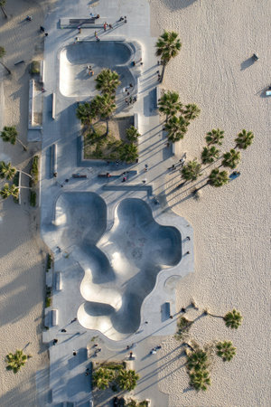An overhead view captures a public skatepark with various ramps and bowls carved into the concrete. The scene includes palm trees casting shadows on the sandy ground, suggesting an outdoor environment. The photograph's composition emphasizes the geometric shapes and textures, suitable for commercial projects or editorial use.の素材