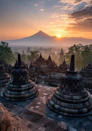 Ancient temple structures are featured in a scenic outdoor shot at sunrise. The image showcases intricate architecture with a majestic mountain backdrop and a warm color palette. The composition highlights the structures' details under soft lighting. Suitable for travel articles, cultural heritage presentations, and historical documentaries, it provides a sense of history.の素材