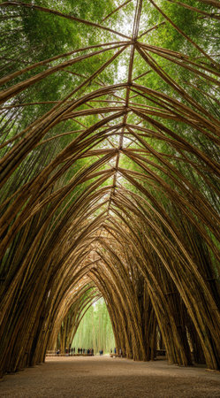 An architectural pathway is formed by interwoven bamboo stalks, creating a tunnel effect. The image showcases the natural tones of the wood against vibrant green foliage. The composition uses a vertical perspective, suggesting an outdoor setting with sunlight filtering through, offering potential use for environmental or travel content.の素材