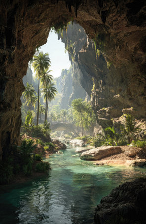 An inviting cave opening reveals a bright exterior with a flowing river and palm trees. The image showcases natural textures with a detailed composition and soft lighting. The scene suggests an outdoor environment, with potential for use in travel, nature-themed projects, or editorial content.の素材