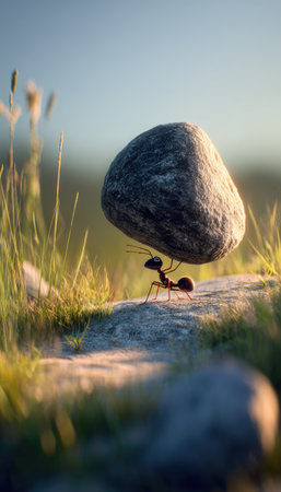 An ant is depicted lifting a massive stone outdoors, emphasizing strength and perseverance. The image showcases vibrant colors, with detailed textures and lighting. The composition is set in a natural environment, possibly highlighting the ant's ability to overcome challenges. Suitable for illustrations in various projects.の素材