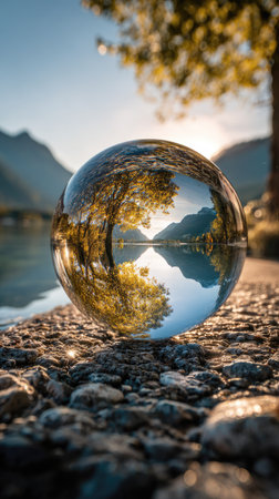 A crystal ball sits on a stony surface, reflecting a picturesque landscape. The scene includes mountains, a tranquil lake, and trees, all bathed in warm sunlight. The image showcases natural textures and a vibrant color palette, evoking a sense of calm. Suitable for various editorial and commercial applications.の素材