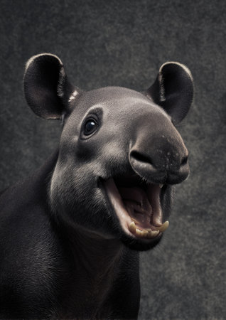 A detailed close-up presents a tapir with an open mouth, showcasing teeth and a dark, textured background. The image highlights the animal's features under soft lighting. Suitable for various applications, including illustrative uses, this image could serve editorial or commercial purposes.の素材