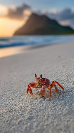 A crab rests on a sandy beach with the ocean and mountain range in the background. The image features warm tones of orange and gold from the sunrise. This composition could be suitable for nature, travel, or wildlife projects, offering various uses.の素材