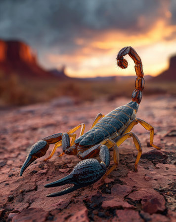 A detailed image showcases a scorpion on a rocky surface, set against a blurred desert landscape and sunset. The scorpion is the focal point, with its segmented body and curved tail highlighted. Warm colors dominate the composition, suggesting a natural outdoor setting, potentially suitable for editorial content or design projects.の素材