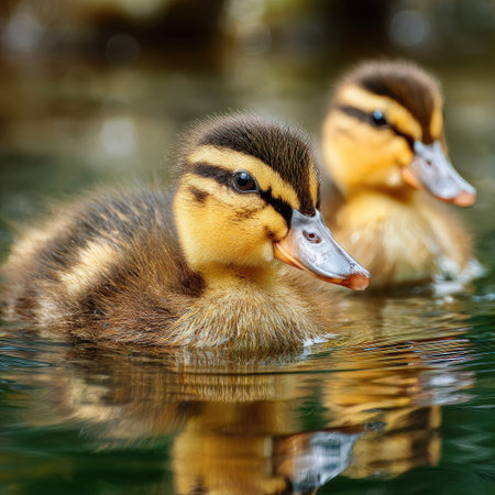 Two adorable ducklings are captured up close, floating on the water's surface. The scene features warm color tones and natural lighting, with a shallow depth of field. The image is suitable for various applications, including editorial content and promotional material. The focus is on the wildlife.の素材