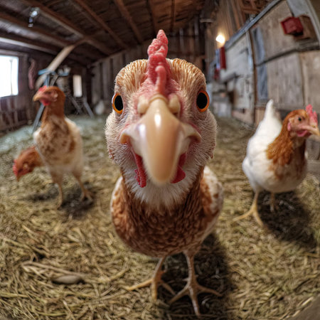 A close-up photograph captures a chicken in a barn setting, with other chickens visible in the background. The scene showcases natural light and features various textures of the barn interior. The image could be used for various commercial projects related to farming, food, or animal themes.の素材