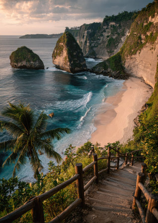 An aerial view presents a stunning coastal panorama with vibrant turquoise waters, a sandy beach, and towering cliffs. The scene is illuminated by warm natural light creating a sense of tranquility. This image could be used for travel websites, environmental projects, and various editorial purposes.の素材