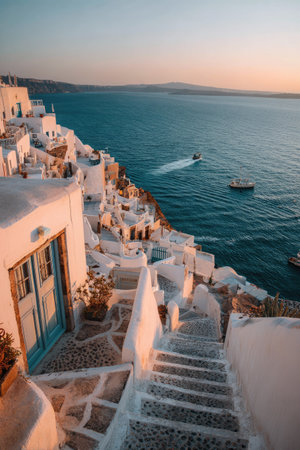 An overhead shot showcases a coastal town with white structures and blue accents, overlooking a vast body of water. The scene is illuminated by warm sunlight, casting long shadows. The composition features steps leading downward, with vessels on the water. Suitable for illustrating travel or architectural themes.の素材