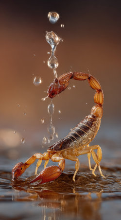A detailed image showcases a scorpion with its tail curled, illuminated by soft lighting. Water droplets cascade around the subject, creating dynamic movement. The colors are predominantly shades of brown and orange, enhancing the natural tones. This image is suitable for various commercial uses, including illustrative purposes and educational materials.の素材
