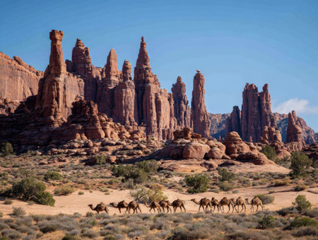 A group of camels traverses a sandy desert expanse under a clear blue sky. The scene showcases eroded sandstone formations in shades of brown and orange. The composition highlights the stark contrast between the natural elements. This image has potential for commercial and illustrative applications.の素材