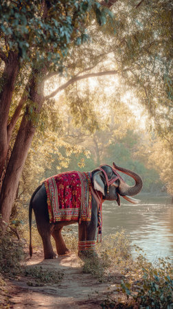 An elephant, adorned with decorative textiles, stands beside a serene river. The scene is bathed in warm sunlight filtering through dense trees. The image showcases rich colors and a natural composition, suitable for various editorial and commercial applications. The setting implies an outdoor environment.の素材