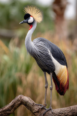 A striking crowned crane is featured perched upon a branch. The bird displays a combination of grey, black, red, and yellow colors, highlighting its textured feathers and graceful posture. The soft lighting suggests an outdoor environment, with potential uses in nature publications or wildlife-themed projects.の素材