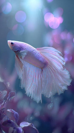 A graceful Siamese fighting fish swims in a luminous aquatic setting. The image showcases a delicate fish with flowing fins and a pastel color palette. Soft focus and bokeh effects create a dreamy ambiance, suitable for artistic projects and commercial applications. The composition emphasizes the fish's beauty within a naturalistic context.の素材