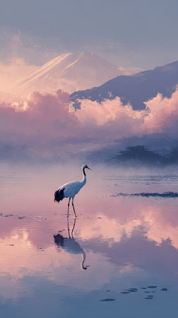 A crane stands gracefully in serene water, its reflection mirroring in the tranquil surface. Soft pink and purple hues dominate the sky and water, creating a dreamy atmosphere. The image showcases a natural environment with a mountain in the distance and could be suitable for various commercial or editorial applications.の素材
