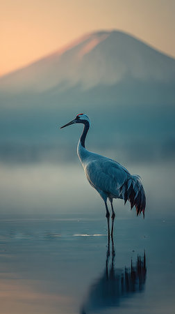 A graceful crane stands in tranquil water with a misty mountain peak in the background. The image showcases soft colors, gentle lighting, and a serene atmosphere. The composition emphasizes balance and depth, suggestive of natural beauty. Suitable for diverse commercial and editorial purposes.の素材