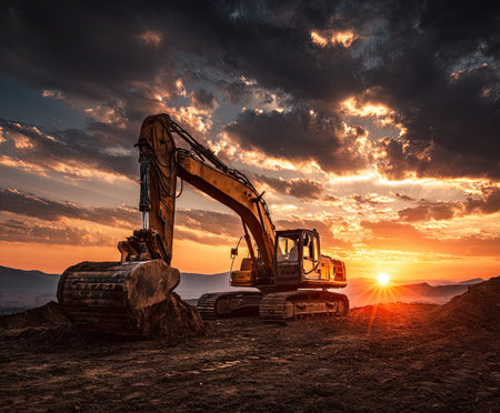 An excavator is positioned against a vibrant sunset with a dynamic sky filled with clouds. The image captures the machinery's silhouette. The scene is bathed in warm tones of orange and gold from the setting sun, enhancing the visual impact. This photo could be suitable for construction, industrial, and environmental themes.の素材