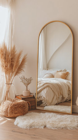 An interior shot showcases a bedroom setting with an arched mirror as a focal point. The image presents a warm color palette with natural light, fluffy textures, and decorative pampas grass. This image could be suitable for lifestyle publications, interior design blogs, or home decor advertising purposes.の素材