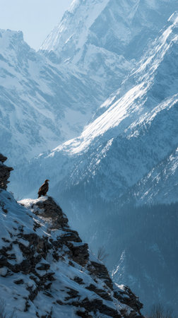 An eagle sits atop a snow-covered cliff, observing a vast mountain range. The scene features a cool color palette with shades of blue and white, and textures of rock and snow. The composition showcases an overhead perspective with natural sunlight. This image could be suitable for various commercial and editorial applications.の素材