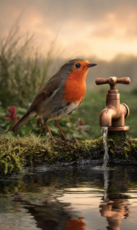 A European robin is perched near a bronze faucet with water flowing into a reflective pool. The image showcases warm, natural colors with soft lighting, suggesting an outdoor environment. The composition highlights the bird and water, suitable for various editorial and commercial applications.の素材