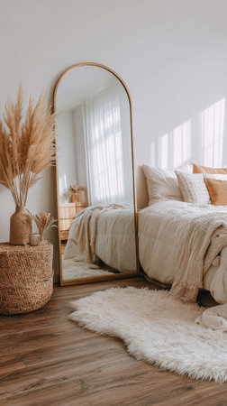 An inviting bedroom scene features a large mirror, a comfortable bed, and decorative elements. The composition is bathed in soft daylight, suggesting an interior setting. The neutral color palette and textures create a sense of calm. This image may be suitable for interior design projects, lifestyle content, or commercial applications.の素材