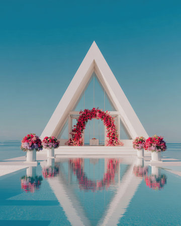 A striking composition features a white geometric structure adorned with vibrant red floral arrangements. The image showcases an outdoor setting with a reflective body of water mirroring the structure and the clear blue sky. It could be suitable for editorial features, event promotion, or visual marketing materials.の素材