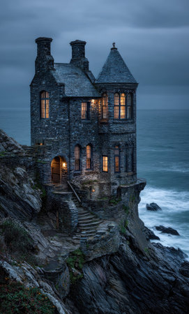 A stone house stands dramatically on a rocky cliff overlooking the ocean under a moody sky. The architecture features multiple levels, turrets, and arched windows glowing with interior light. The scene's composition, with its muted color palette, evokes a sense of mystery and isolation. This image may be suitable for illustrating themes of history, travel, or storytelling.の素材