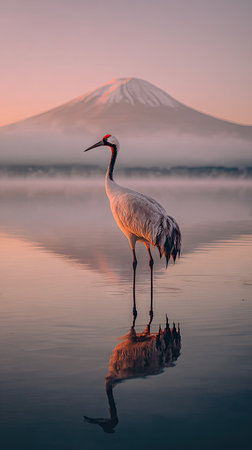 A graceful crane stands in serene water with a misty mountain peak in the background. The scene showcases soft pastel colors of pink and blue, with the crane's reflection adding symmetry. The composition evokes a sense of peace and natural beauty, potentially suitable for travel or environmental publications.の素材