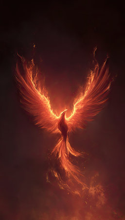 A phoenix illustration depicts a bird with outstretched wings engulfed in flames. The artwork showcases vibrant red, orange, and yellow hues against a dark backdrop. The composition is centered, highlighting the mythical creature. This image could be used for various projects, including fantasy, book covers, and symbolic representations.の素材
