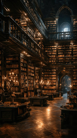An interior shot showcases a library filled with numerous bookshelves and reading tables. The scene employs warm lighting from candles creating a cozy atmosphere. The architectural style hints at historical influences. Suitable for illustrating education, knowledge, or intellectual concepts in various commercial contexts.の素材